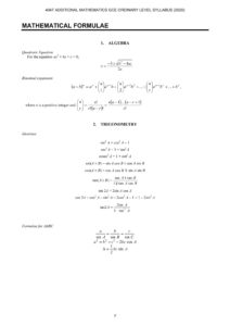 A Math Formula Sheet O Level