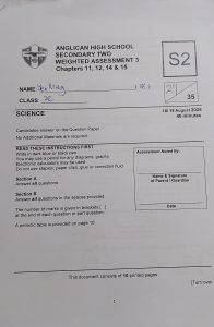 Yeo Ming Secondary Two Anglican High WA 3 Science