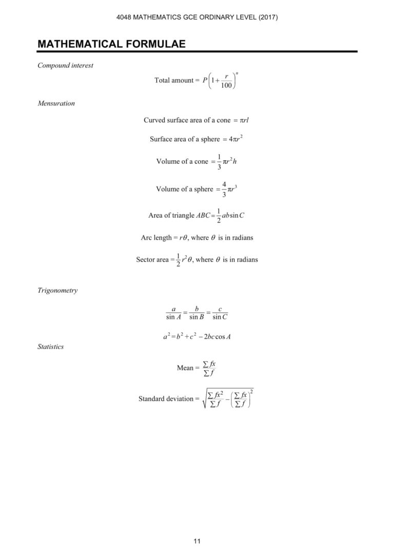 E Maths Formula Sheet O Level - Ingel Soong