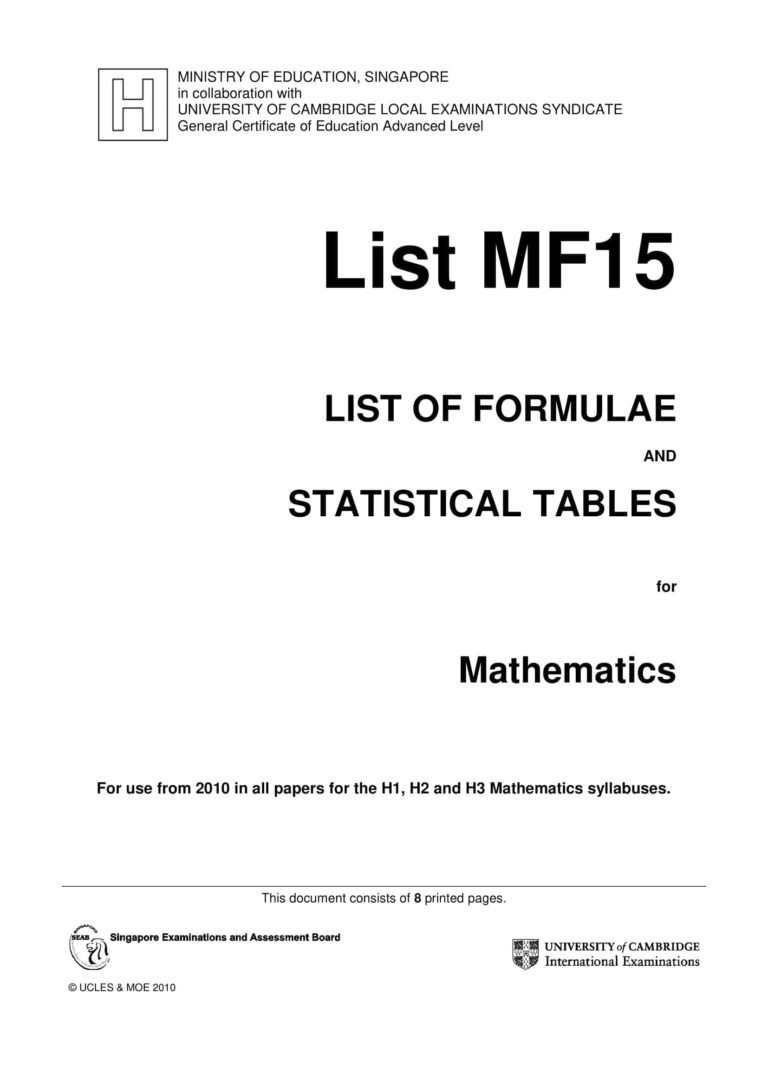 💯 A Level H1 Math MF15 2025 H1 Maths Formula Sheet and List | Ingel ...