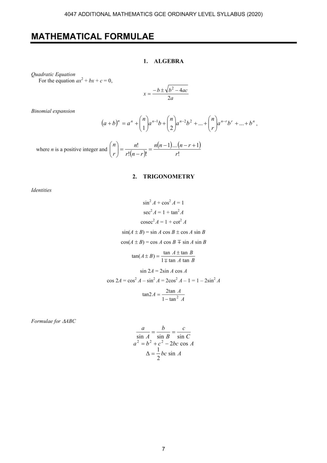 A Level Maths Data Sheet