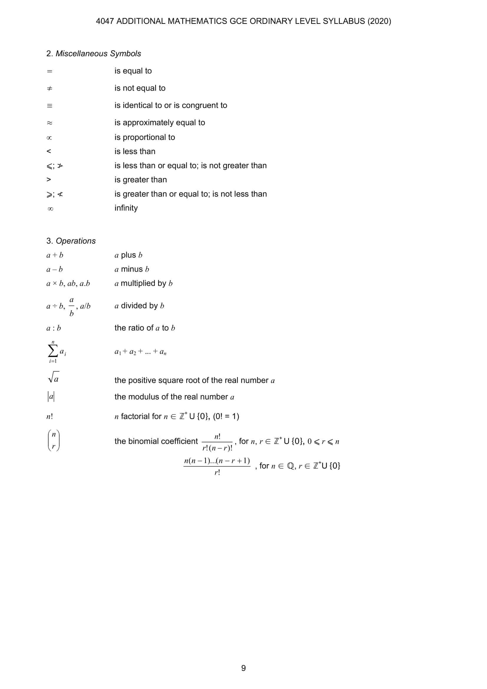 mathematics formula list