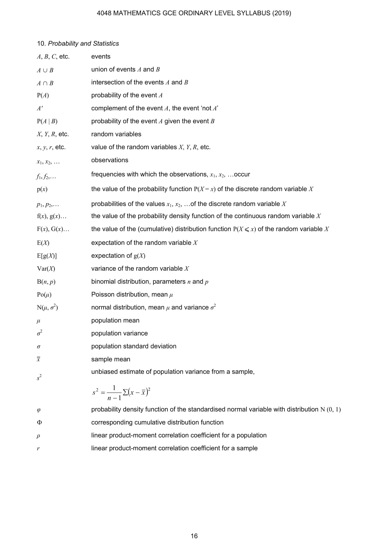 EMath Formula Sheet O Level 6